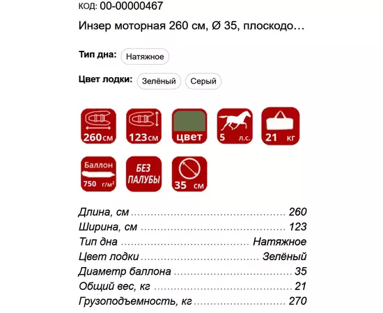 Инзер  моторная 260 см, Ø 35, плоскодонная надувная лодка ПВХ, Тип дна: Натяжное, Цвет лодки: Зелёный, изображение 4