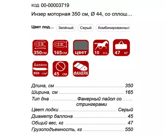 Инзер моторная 350 см, Ø 44, со сплошным полом, килевая надувная лодка ПВХ, Цвет лодки: Серый, изображение 2