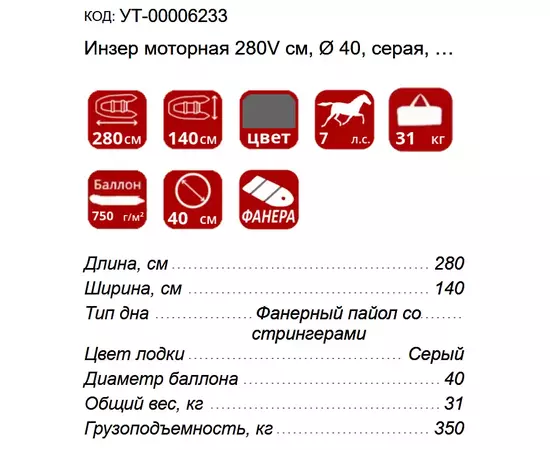 Инзер моторная 280V см, Ø 40, серая, со сплошным полом, килевая, надувная лодка ПВХ, изображение 4