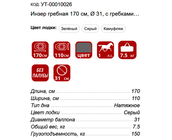Инзер гребная 170 см, Ø 31, с гребками, одноместная надувная лодка ПВХ, Цвет лодки: Серый, изображение 3