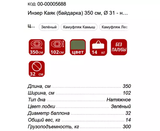 Инзер Каноэ (байдарка) 350 см, Ø 31 - надувная лодка ПВХ, Цвет лодки: Зелёный, Весла, шт: Весло с двумя лопастями, изображение 4