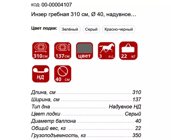 Инзер гребная 310 см, Ø 40, надувное дно, транец, двухместная надувная лодка ПВХ, Цвет лодки: Серый, изображение 2