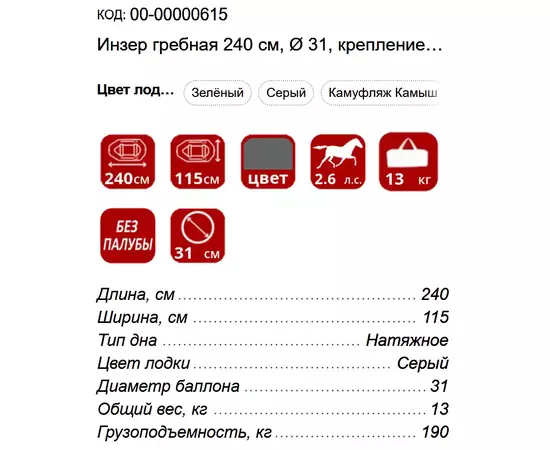 Инзер гребная 240 см, Ø 31,  крепление под транец, двухместная надувная лодка ПВХ, Цвет лодки: Серый, изображение 2