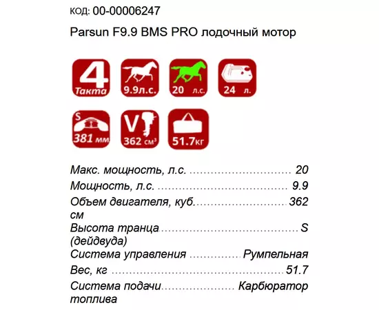 Parsun F9.9 BMS PRO - 4-х тактный лодочный мотор, изображение 2