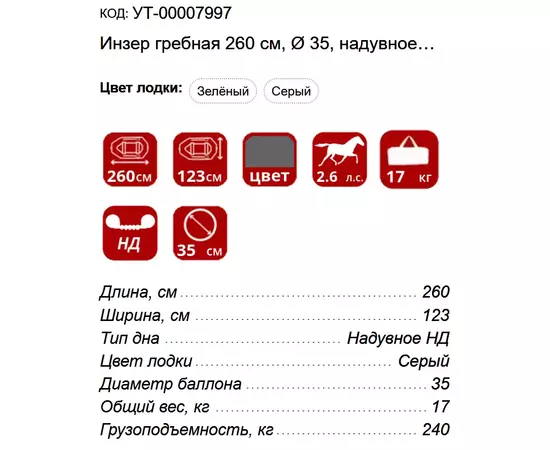 Инзер гребная 260 см, Ø 35, надувное дно, крепление под транец, двухместная надувная лодка ПВХ, Цвет лодки: Серый, изображение 4